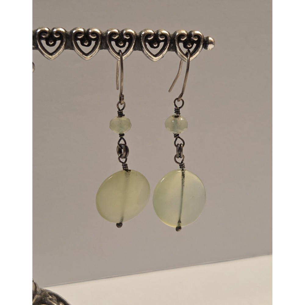 Vintage Sterling Silver Round Green Chalcedony Dangle Hook Earrings